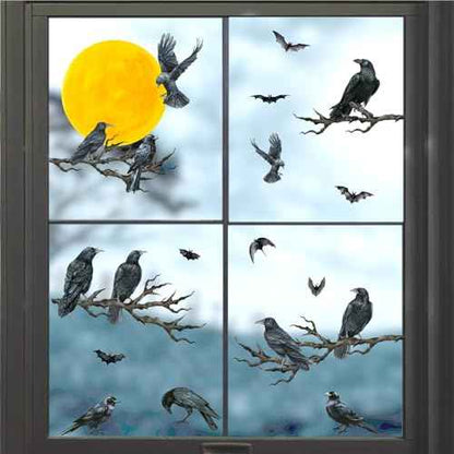 Halloween Crow Wall Decals Black Raven Tree Branches Decals Moon Bat Crow Window Stickers Moon Tree Branch Gothic Halloween Wall Stickers Raven Crows Wall Window Decorations
