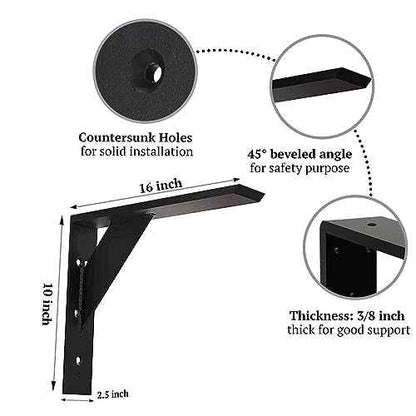 Countertop Support Bracket 16 Inch Heavy Duty Shelf Bracket 2 Pack 3/8" Thick Black16 x10 x2.5 for Granite Quartz Wood Laminate Countertops