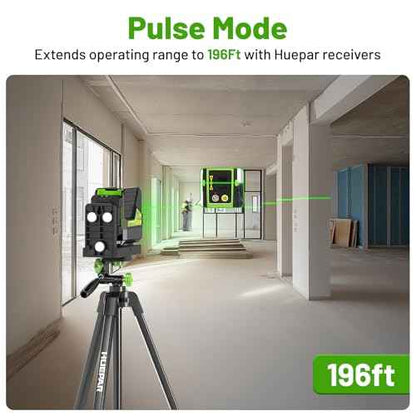 Huepar Laser Level with 60in Tripod, 1/13 High Accuracy Self Leveling Green Cross Line Lazer Leveler for Picture Hanging, Tile, Home Renovation, with Pluse Mode for Outdoor, Carry Case, Glasses