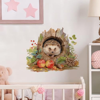 Cute Hedgehog in Tree Hole Wall Decal Nursery Animal Wall Sticker Removable Peel and Stick Wall Art Decor for Kid Baby Classroom Preschool Living Room Playroom Bedroom School