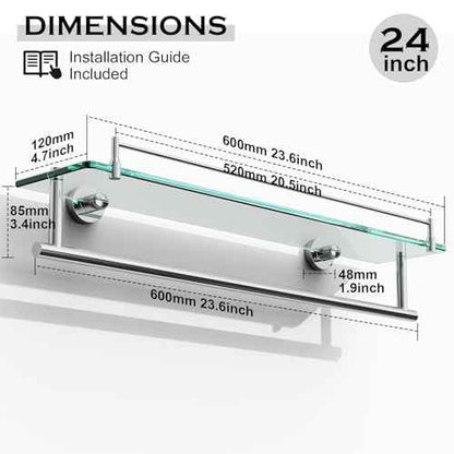24-Inch Floating Tempered Glass Bathroom Shelf with Towel Bar - Chrome Polished & Stainless Steel, Wall Mount