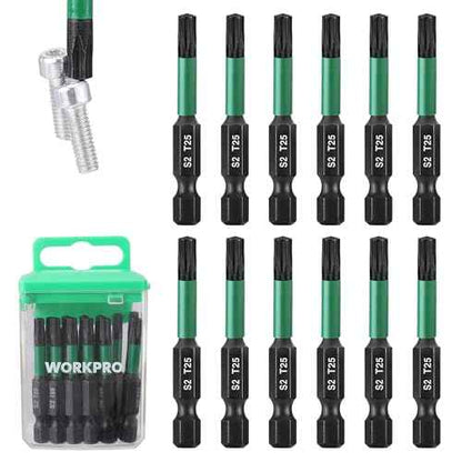 WORKPRO 12pcs T25 Torx Impact Screwdriver Bit Set, CNC Machined S2 Steel Tips with Magnetism, 1/4¡± Hex-Shank Star Driver Bit, 2¡± Long Impact Screwdriving Bits with Storage Box