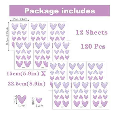 12 Sheets 120 Pcs Purple Love Heart Graphics Wall Stickers, sacinora Romantic Love DIY Wall Decals Removable Vinyl Peel and Stick for Baby Girl Nursery Bedroom Art Home Decorations