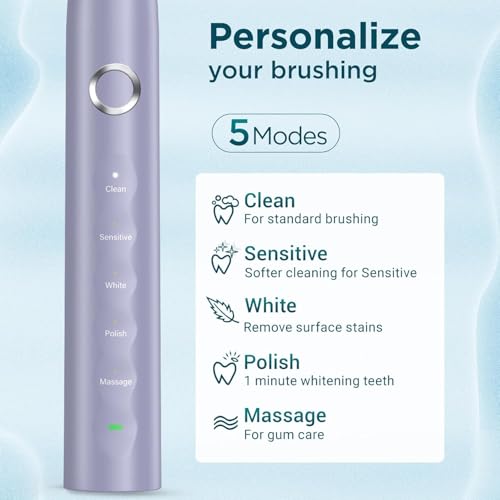 Electric Toothbrush for Adults with 8 Brush Heads, Sonic Toothbrush Rechargeable with a Holder & Travel Case, 2.5 Hours Charge for 120 Days Use - Light Blue