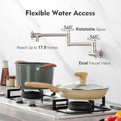 Pot Filler Faucet with Knob Switch, Wall Mount Over Stove Folding Faucet, Single Hole Stainless Steel Kitchen Pot Faucets, Brushed Stainless