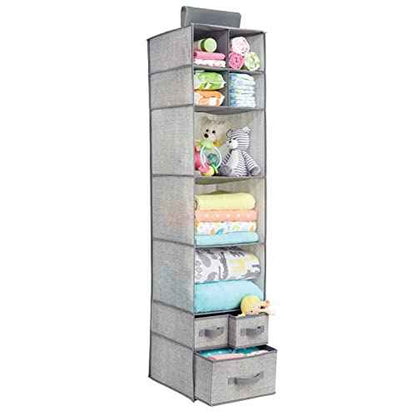 mDesign Fabric Hanging Organizer - Over Closet Rod Storage - 7 Shelves/3 Removable Drawers for Baby Nursery Bedroom Organization - Hold Clothes, Linens, Toys, Accessories - Lido Collection - Gray