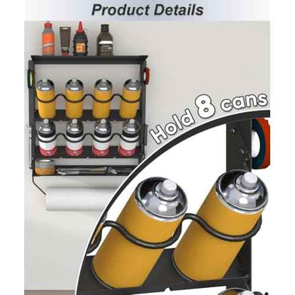 Spray Paint Can Holder with Paper Towel Holder for Home Garage Organizer, Wall Mount Paint Bottle Tool Utility Storage Rack with 8 Holes & 2 Shelf for Shop, Black