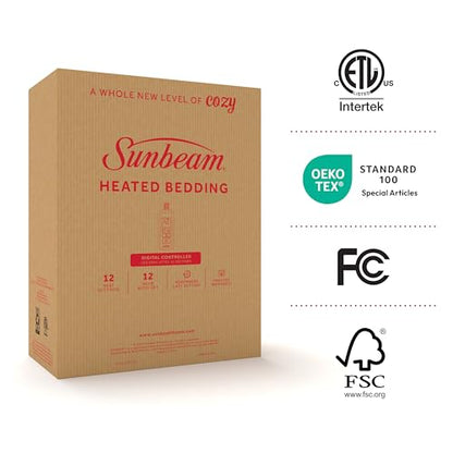 Sunbeam Electric Heated Mattress Pad Queen 80" x 60" 12 Heat Settings 12-Hour Auto Shut-Off Fast Heating Soft Cozy Fabric Deep Pocket Skirt Machine Washable