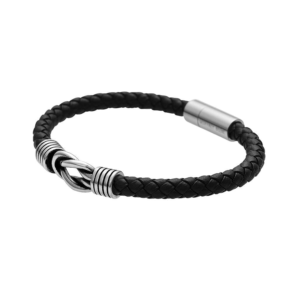 Geoffrey Beene Men's Braided Genuine Leather Knot Bracelet with Stainless Steel Closure (Black, 8.5")