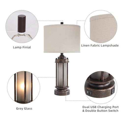 25'' Farmhouse Table Lamp with 2 USB Charging Ports, Rustic Vintage Nightstand Lamp with Frosted Glass Nightlight, Retro Desk Lamp for Living Room Bedroom End Table Entryway, 2 Bulbs Included