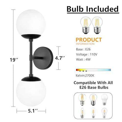 KoKo&Yukina Mid Century Modern Bathroom Matte Black Bathroom Vanity Light Fixtures Globe Sconce 2 Light Vanity Light Gold Vanity Light Mid Century Wall Sconce