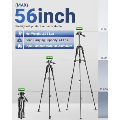 Laser Level Tripod, Huepar 56-inch Extendable Height Tripod Use with Line Lasers, Point Lasers, Laser Distance Measures, 1/4" and 5/8" Thread Mount, Multi-Function Hook, Non-Skid Feet, TPD14