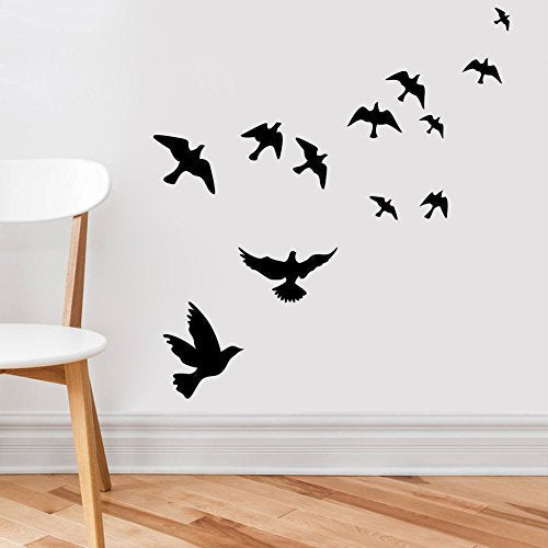 M MLM Black Flying Birds Wall Decal - 12 Pcs Vinyl Pigeon Stickers for Livingroom, Bedroom, Kids Room Decor