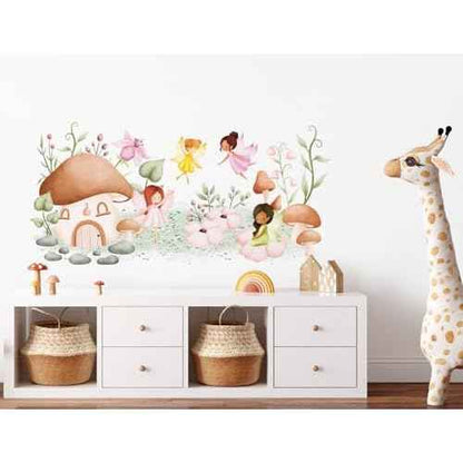 Woodland Mushroom Wall Decals Mushroom House Garden Wall Stickers Peel and Stick Fairy Floral Plants Wall Art for Girls Bedroom Baby Nursery Living Room Sofa TV Background Decor