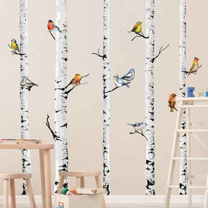 Supzone Large Birch Tree Wall Decals 5 White Tree Forest Birds Wall Stickers Peel and Stick Wall Art Decor for Bedroom Living Room Kitchen Sofa TV Backdrop Wall Decoration