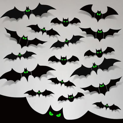 Halloween Bats Decorations Indoor - 110 Pcs With Glow in The Dark Eyes, 3D Wall Decor, 5 Styles, 136 Pcs Double-Sided Tape Included
