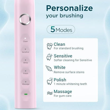 Electric Toothbrush for Adults with 8 Brush Heads, Sonic Toothbrush Rechargeable with a Holder & Travel Case, 2.5 Hours Charge for 120 Days Use - Light Blue