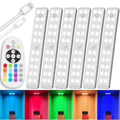 LED Under Cabinet Lighting Wireless, Dimmable LED Closet Light Rechargeable, Remote Control Kitchen Counter Lighting 15 Color Changing RGB Bar Perfect for Bedroom Indoor Pantry Shelf, 6 Pack