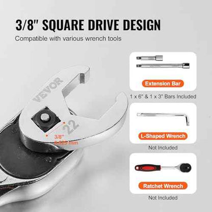 VEVOR 3/8" Drive Crowfoot Wrench Set with 2 Extension Bars, SAE 3/8"-1" and Metric 10-22 mm, CR-MO Steel Crowfoot Wrench Set, 24-Piece Crows Foot Wrench Set,with EVA Tool Organizer