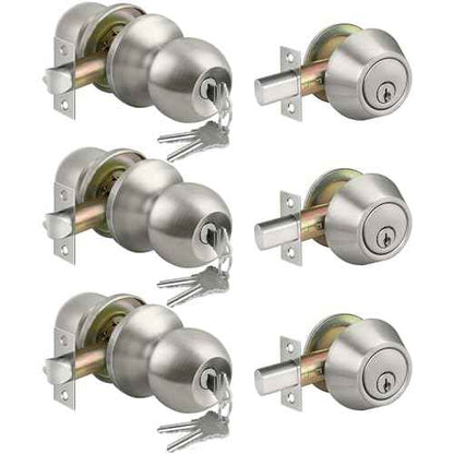 BESTTEN 3 Pack Keyed Alike Exterior Door Knobs and Single Cylinder Deadbolts Combo Set, Satin Nickel Entry Door Knobs with Locks and Keys for Entrance and Front Door