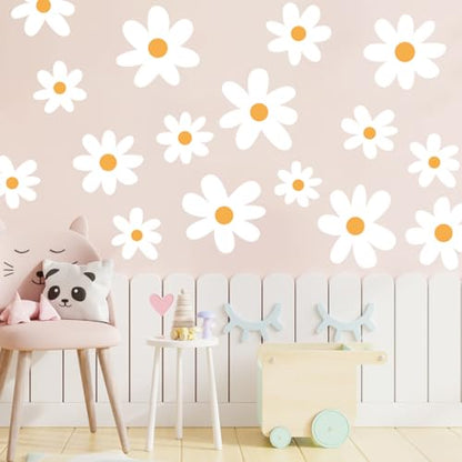 Runtoo White Daisy Boho Flower Wall Decals - Kids Nursery Floral Wall Art Stickers for Girls Bedroom & Living Room