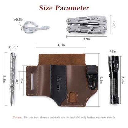 Leather Multitool Sheath,Handmade EDC Belt Organizer,Tactical Tool Pouch Holster, Fits Flashlight, Pen and Keychain, Brown