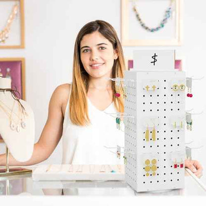 Rotating Pegboard Display Stand with 24 Hooks, Tabletop Metal Peg board Shelf for Craft Shows & Fairs, Retail Stores, Vendors Arts and Crafts Finishing - 4-Sided Craft Rack Organizer (White)