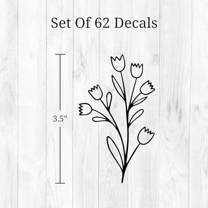 Small Black Flowers Peel and Stick Wall Decals - Set of 62 Flower Wall Stickers - 1"-4" Flower Wall Decor Floral Wall Decals
