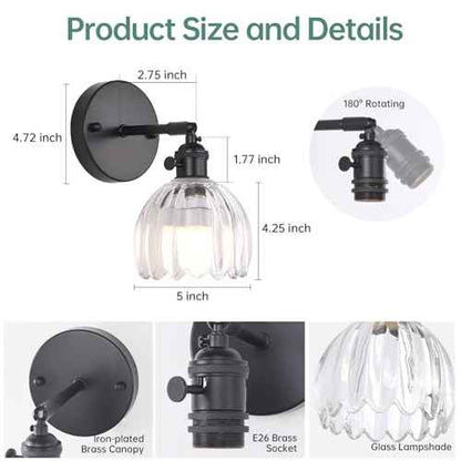 Vintage Battery Operated Wall Sconce with Cute Transparent Tulip Glass Lampshade Wireless Rechargeable Battery Powered Black Wall Light with Remote Control for Bedside Bedroom Doorway