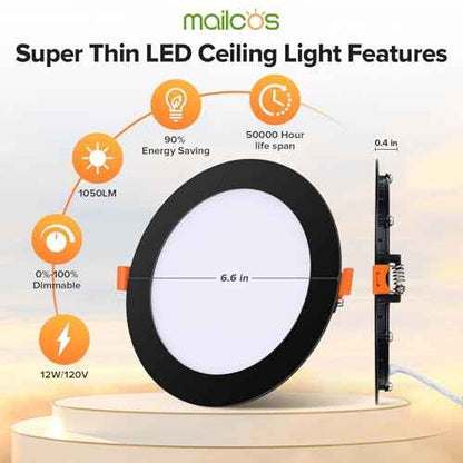 MAILCOS 12 Pack 6 Inch 5CCT Black Ultra-Thin LED Recessed Lighting with Junction Box, 2700K-5000K Selectable, 1050LM High Brightness, Dimmable Canless Wafer Downlight, 12W 120V, ETL