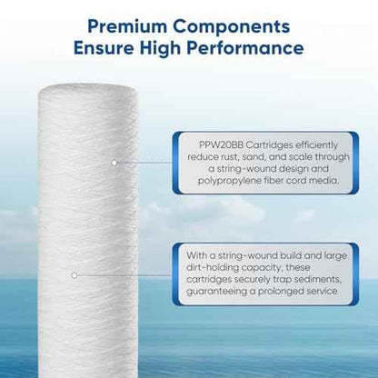 PUREPLUS 5 Micron 4.5" x 20" Whole House String Wound Sediment Filter for Well Water, Replacement Cartridge for Pentair Pentek WP5BB20P/WP25BB20P, Hydronix SWC-45-2005, SpiroPure SP-WP5-20BB, 2Pack