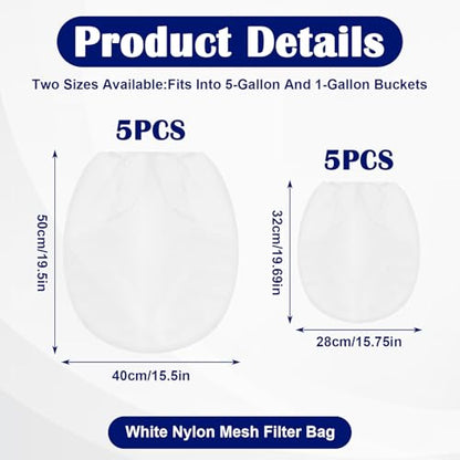 10PCS Paint Strainer Bag,Paint Filters with Elastic Drawstring Top Opening, Paints Strainers Bags 5 Gallon & 1 Gallon, White Polyester Mesh Strainers Bag for Paints & Gardening