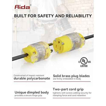 AIDA Lighted Plug and Connector Set, Straight Blade Cord End Replacement, 15 Amp 125Volt, NEMA 5-15P & NEMA 5-15R, 2 Pole 3Wire Grounding, Yellow, 5 Set