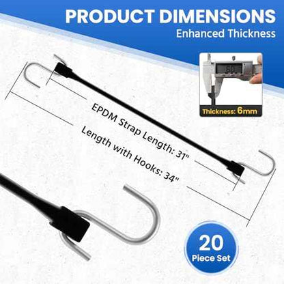 ROBLOCK 31" (20 Packs) Bungee Cords with Hooks Rubber Tarp Straps with 150% Max Stretch, 100% EPDM Bungee Cords with Metal Crimped S Hooks, Ideal for Securing Tarps, Cargo, Canvases, Weatherproof