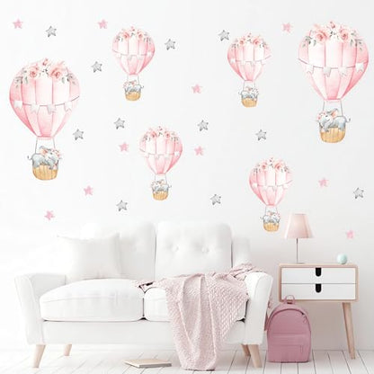 6 Pink Hot Air Balloons Sleeping Baby Elephants Stars Wall Stickers, sacinora Cute Art Wall Decals Removable Vinyl Peel and Stick for Kids Baby Girl Nursery Bedroom Toddler Room Decorations