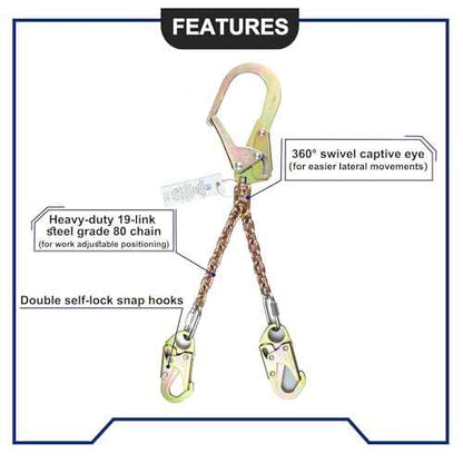 Rebar Positioning Chain Assembly with Swivel Double Self-Locking Snap Hooks