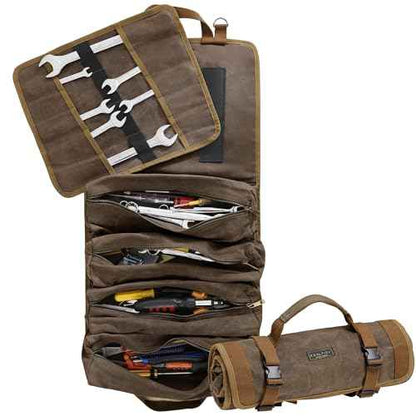 Multifunctional Tool Roll Bag | 16OZ Waxed Canvas Tool Carrier with 4 Pockets + 1 Detachable Roll - Portable Tool Organizer for Hammer Wrench Chisel | 27.5"x13.5" | Grey
