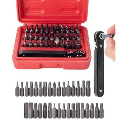 Bates Choice Mini Ratchet Set, 34 pcs, Cr-V Steel, 1/4" Low Profile Right Angle Screwdriver, 1/4 Bit Set, Red Storage Box, Screwdriver Bit Sets