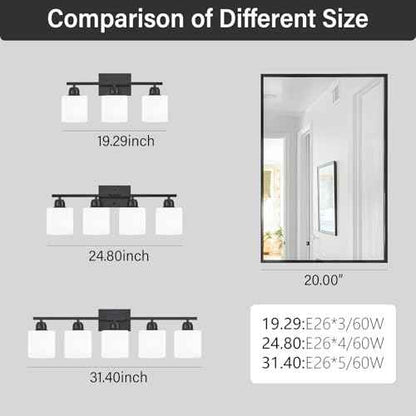 4-Light Black Bathroom Vanity Light, Light Fixtures with Milky White Frosted Glass Shades, Black Vanity Light for Bathroom Mirror, Bedroom, Living Room, Vanity Table, E26 Base