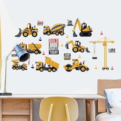 Construction Wall Stickers, Truck Digger Excavator Cartoon Engineering Car Decorative Wall Decals, Vinyl Peel Stick Decor Wall Decors for Kids Baby Bedroom Boys Room Nursery Playroom