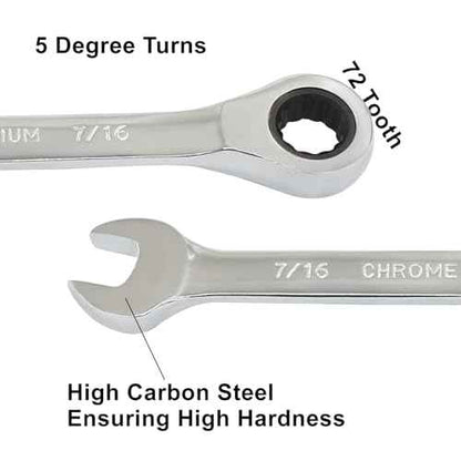 2 Pcs 7/16 Inch Ratchet Wrench Imperial Ratcheting Combination Wrench Set, 12 Point, 72 Teeth for Projects SAE Tight Spaces