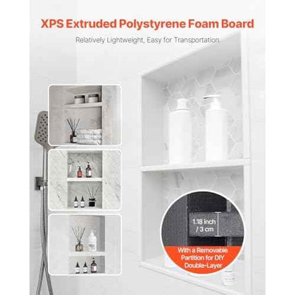 VEVOR Shower Niche, 16 x 28 x 4 inch Recessed Wall Niche with Movable Divider Shelf, Modern Soap & Shampoo Storage Organizer, Square Corners, Sealed Waterproof Design, Black for Bathroom Shower