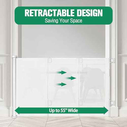 Retractable Baby Gates 55" Wide Retractable Dog Gate Indoor Mesh Baby Gate Retractable Gate Outdoor Dog Gate for Deck, Safety Gate Keeps Kids & Pets Contained, Stair Gate/Doorway Gate/Porch Gate/White