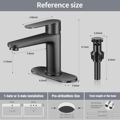 Black Bathroom Faucet Single Hole Single Handle 304 Stainless Steel Modern Sink Commercial RV Faucet with Pop-Up Waste for 1 or 3 Hole 4 Inch Vanity Bathroom Sinks