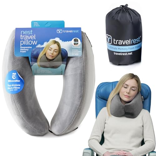 TRAVELREST Nest Neck Pillow Travel Essentials - Memory Foam Pillow and Patented Design, Support for Long Flights, Travel Accessories, Comfortable and Compact, Washable, Attaches to Luggage - Gray