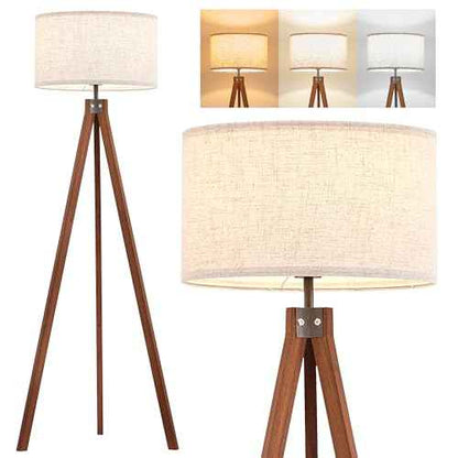 ELYONA Solid Wood Tripod Floor Lamp with 3 Color Temperatures LED Bulb, Mid Century Modern Reading Standing Light Nature Linen Shade Tall Night Light for Bedroom Living Room Office Study Room, Brown