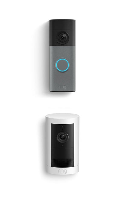 Ring Battery Doorbell (newest model), Speckled Gray with Outdoor Cam Plus, White