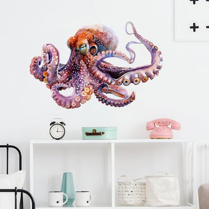 Lifelike Octopus Wall Decal Nursery Sea Animal Wall Sticker for Bathroom Removable Peel and Stick Waterproof Wall Art Decor Stickers for Kids Baby Classroom Living Room Playing Room Bedroom