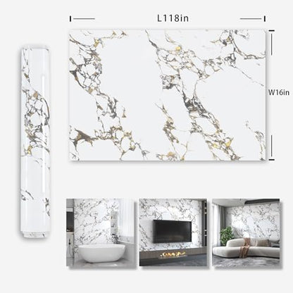 White Gold Marble self adhesive Contact Paper kitchen Granite Countertops peel and stick Wallpaper 118x16inch Removable sticky laminate Wall paper Vinyl Wrap Counter top cabinet decor table desk paper