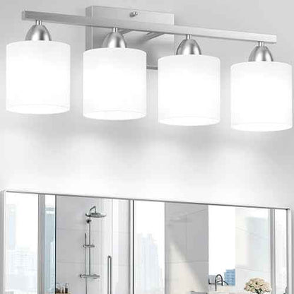 Bathroom Lighting Fixtures Over Mirror, Anti-Rust Vanity Light Fixture for Bathroom, Modern 4-Light Wall Sconce Light for Living Room, E26 Base, Milky White Glass Shades, Bulbs Not Included